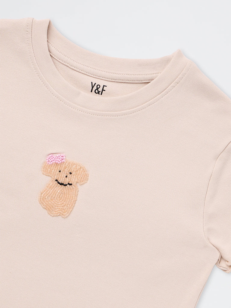 Girls Taupe Embellished Cotton-Blend T-Shirt