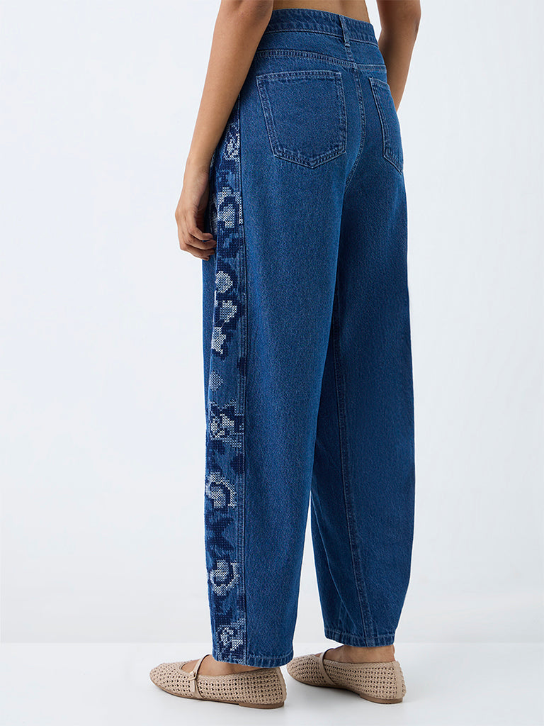 Bombay Paisley Blue-Wash High-Waist Flared Fit Jeans With Embroidery