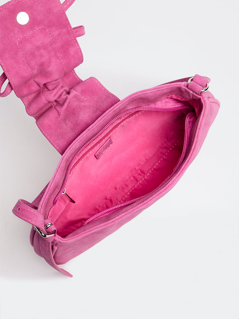 Westside Fuchsia Ruffle Bow-Detail Suede Shoulder Bag