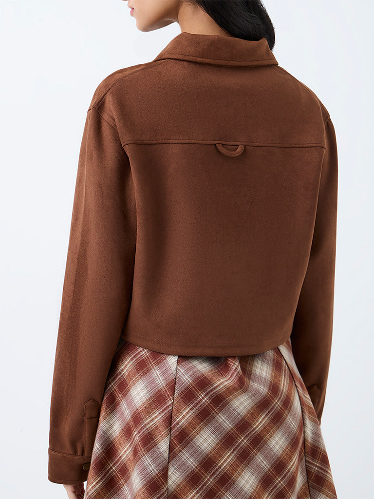 Nuon Brown Solid Suede Crop Jacket