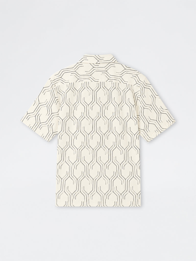 Ascot Off-White Geometric Pattern Relaxed-Fit Linen-Blend Shirt