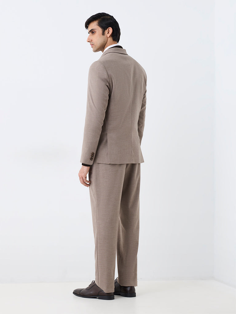 WES Formals Taupe Solid Relaxed-Fit Mid-Rise Trousers