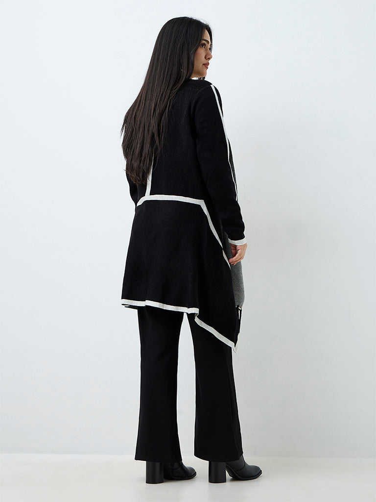 Gia Black Contrast-Detail Longline Cardigan