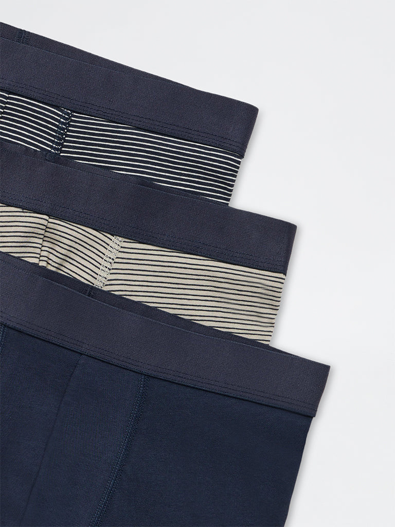 WES Lounge Navy Striped Relaxed-Fit Cotton-Blend Trunks - Pack of 3