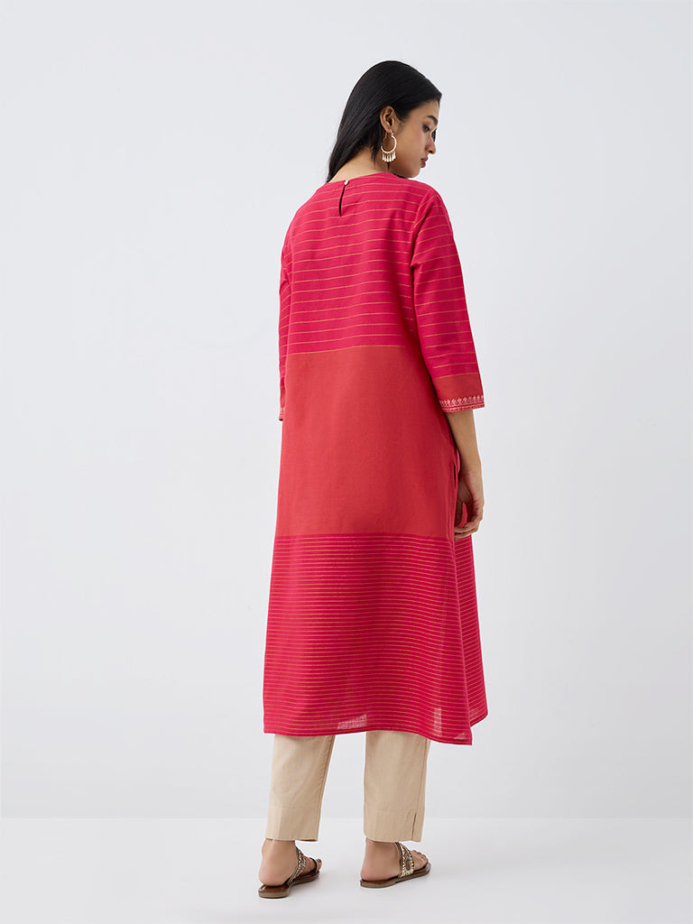 Utsa Pink Colour-Blocked Cotton A-Line Kurta