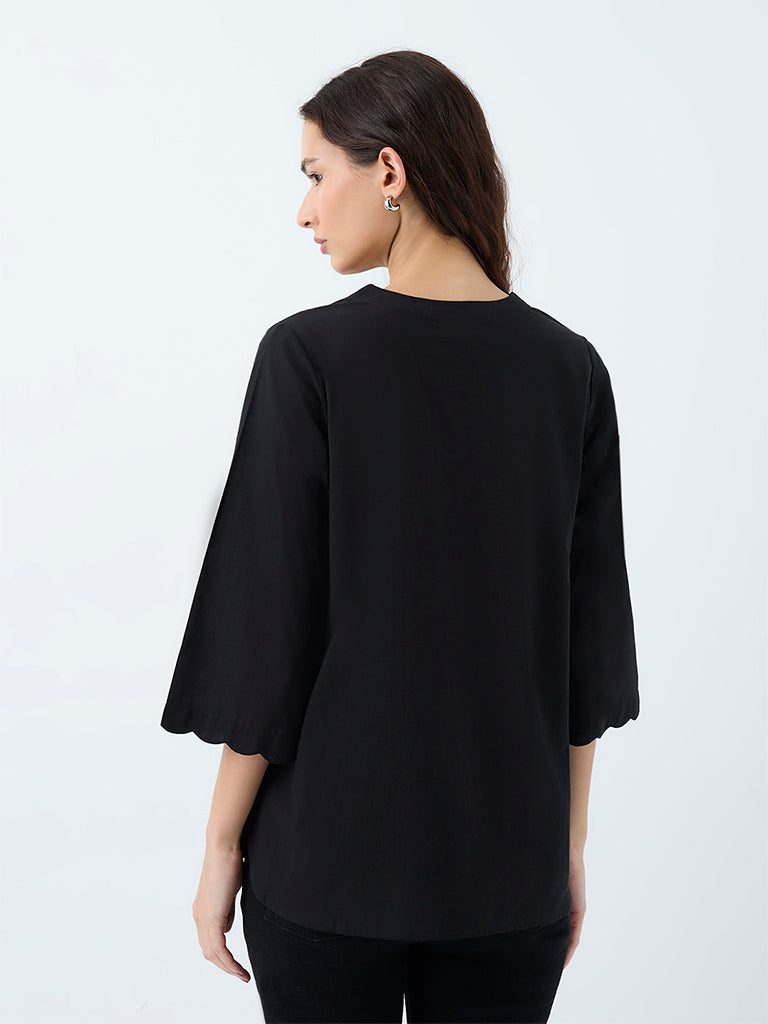 Utsa Black Floral Embroidered Cotton Tunic