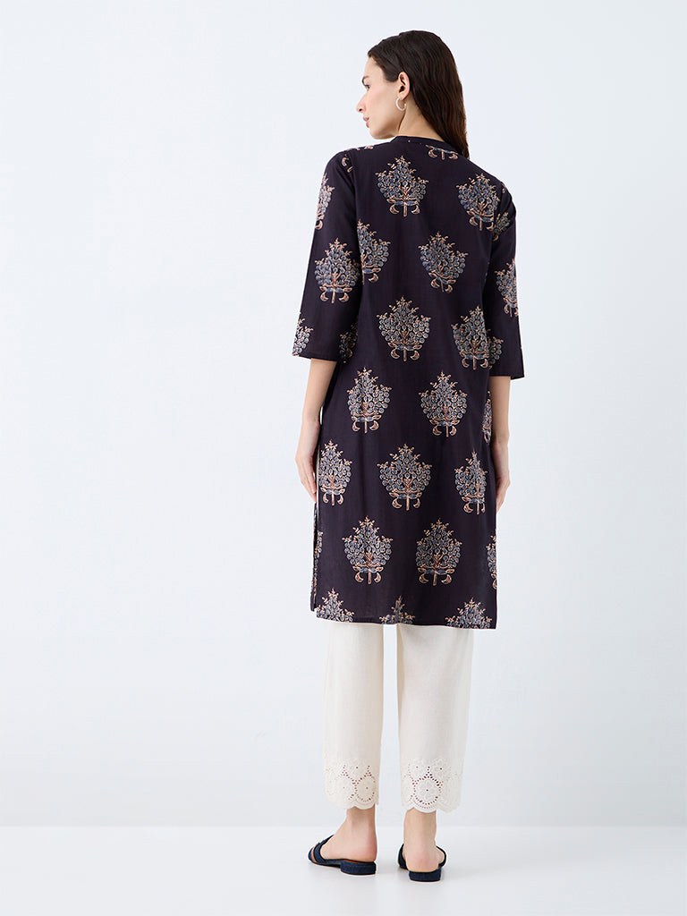 Utsa Black Floral Printed Cotton Straight Kurta