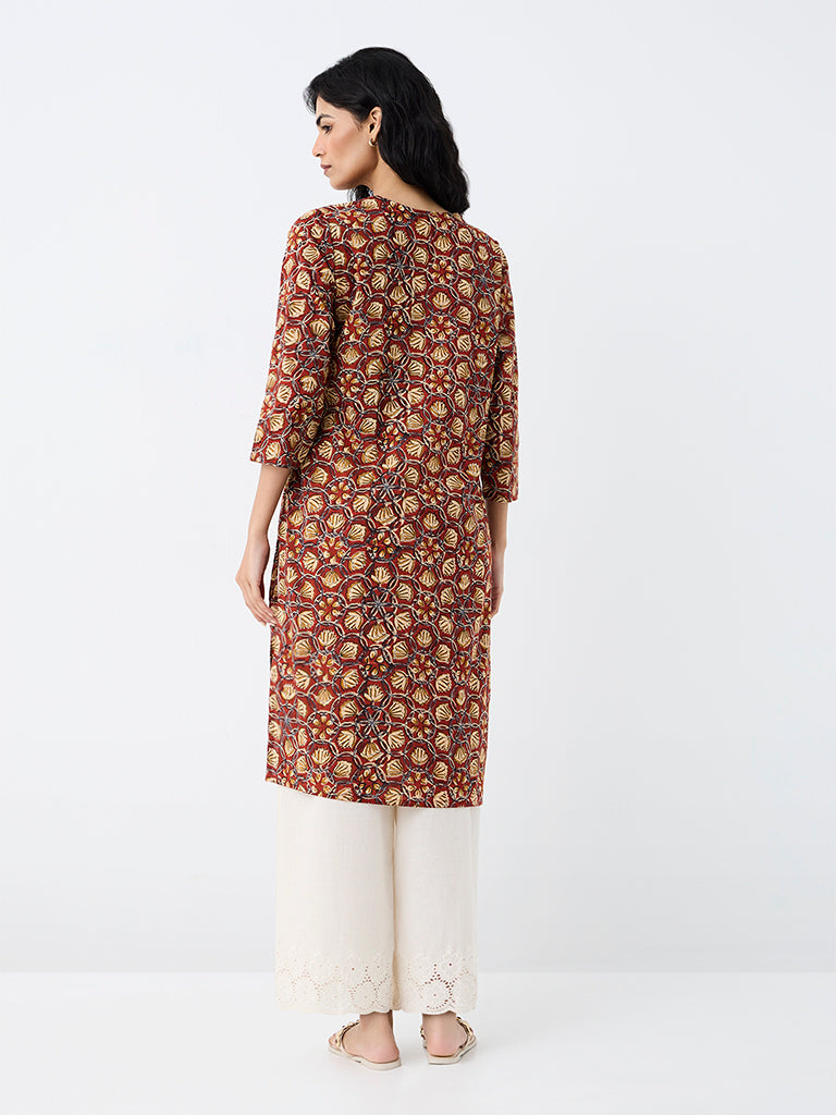 Utsa Red Floral Pattern Cotton Straight Kurta