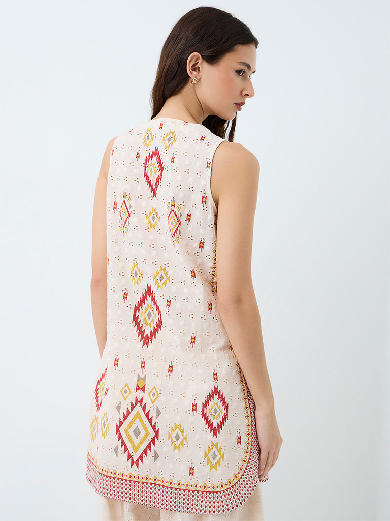 Utsa Off-White Geometric Embroidered Cotton Kurti