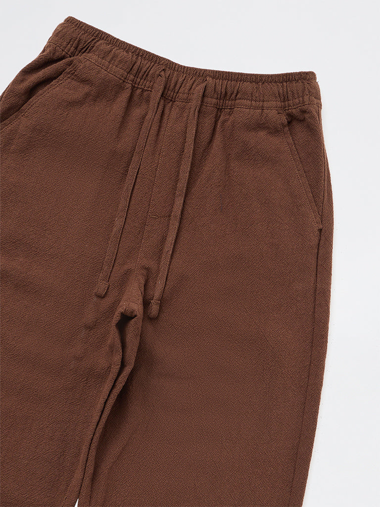 Boys Brown Solid Mid-Rise Cotton Trousers