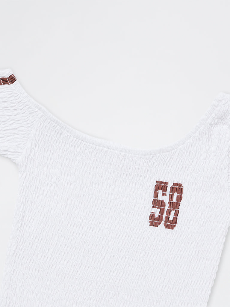 Girls White Smocked One-Shoulder Cotton Top
