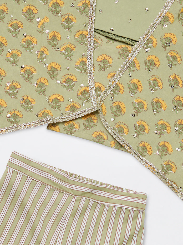 Utsa Kids Girls Sage Green Floral Printed Cotton Top, Sharara and Shrug Set - (8-14 yrs)