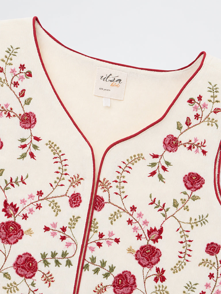 Utsa Kids Girls Ivory Floral Embroidered Waistcoat - (8-14 yrs)