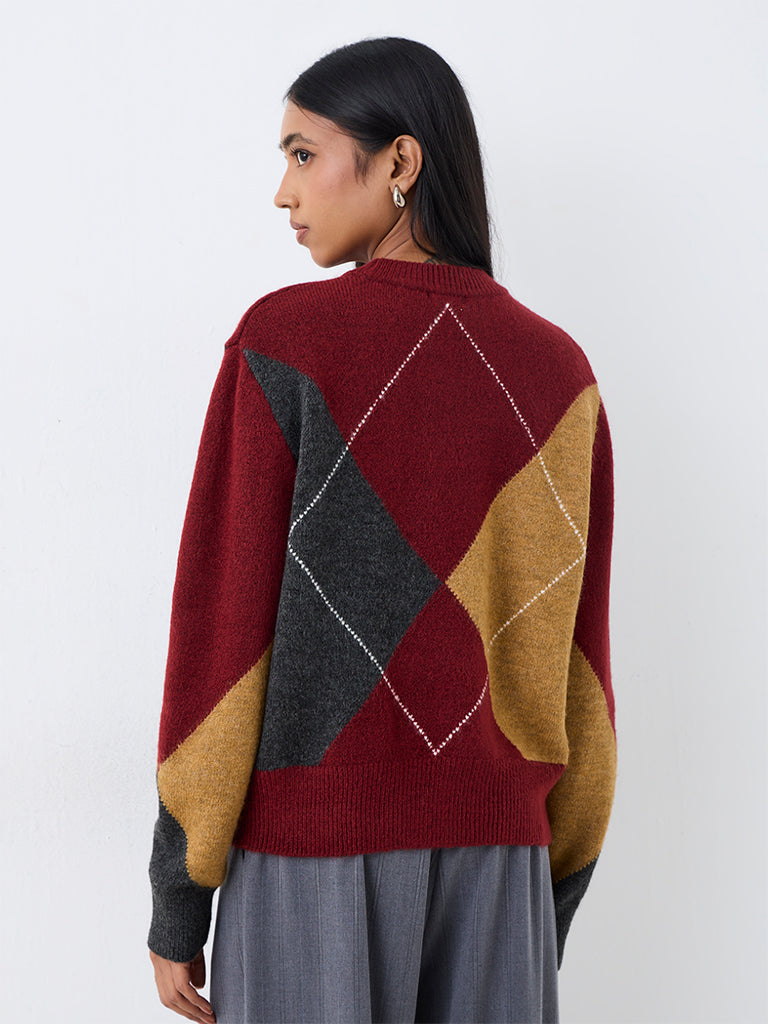 Wardrobe Burgundy Argyle-Printed Sweater