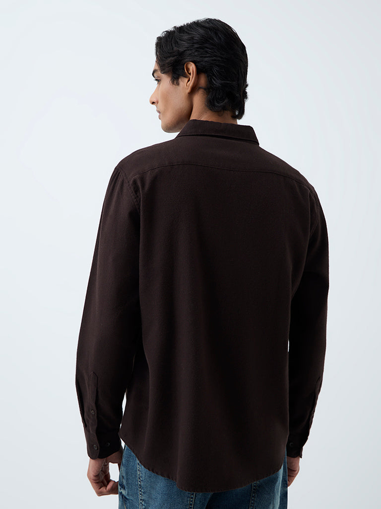 WES Casuals Dark Brown Solid Relaxed-Fit Cotton Shirt