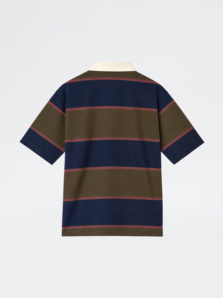 WES Casuals Olive Striped Relaxed-Fit Cotton-Blend Polo T-Shirt