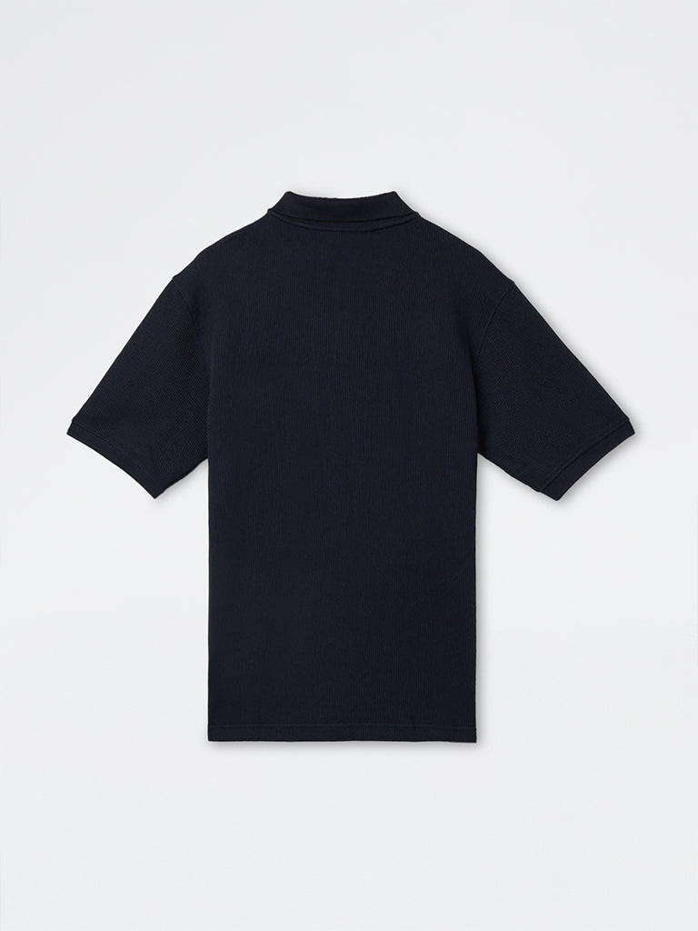WES Casuals Navy Knitted Relaxed-Fit Cotton Polo T-Shirt