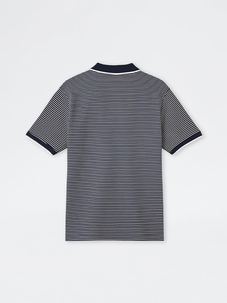 WES Casuals Navy Striped Relaxed-Fit Cotton Quarter Zip Polo T-Shirt