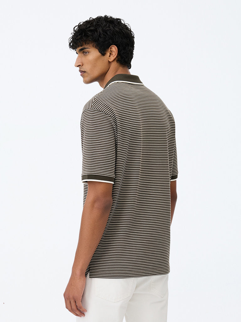 WES Casuals Olive Striped Relaxed-Fit Cotton Quarter Zip Polo T-Shirt