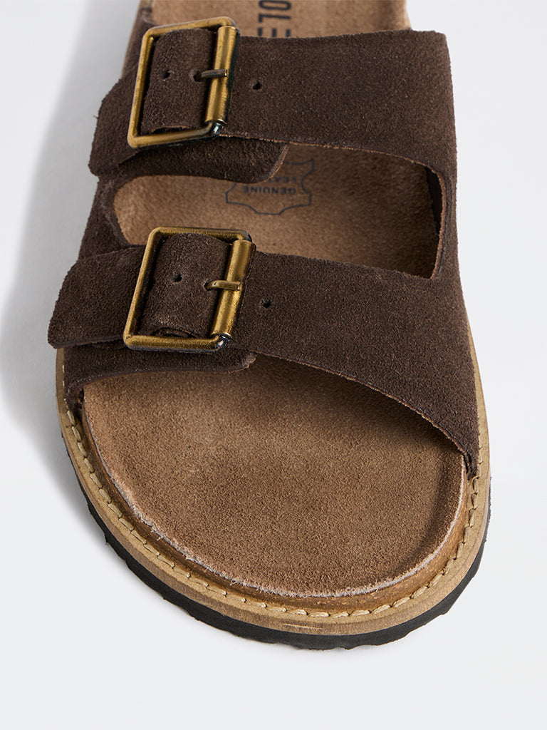 SOLEPLAY Dark Brown Dual-Strap Suede Slip-On Slides