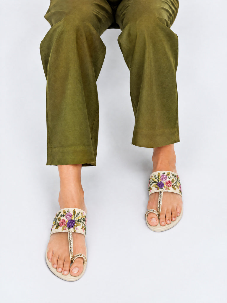LUNA BLU Multicolour Floral Embroidered Kolhapuri Sandals