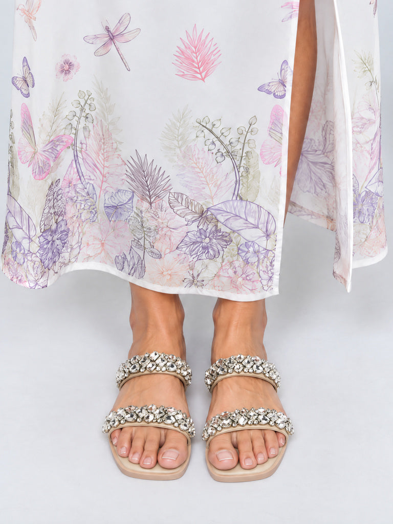 LUNA BLU Beige Embellished Dual-Strap Slides