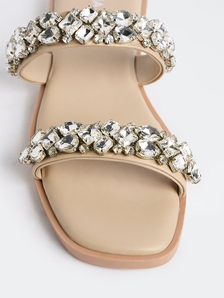 LUNA BLU Beige Embellished Dual-Strap Slides