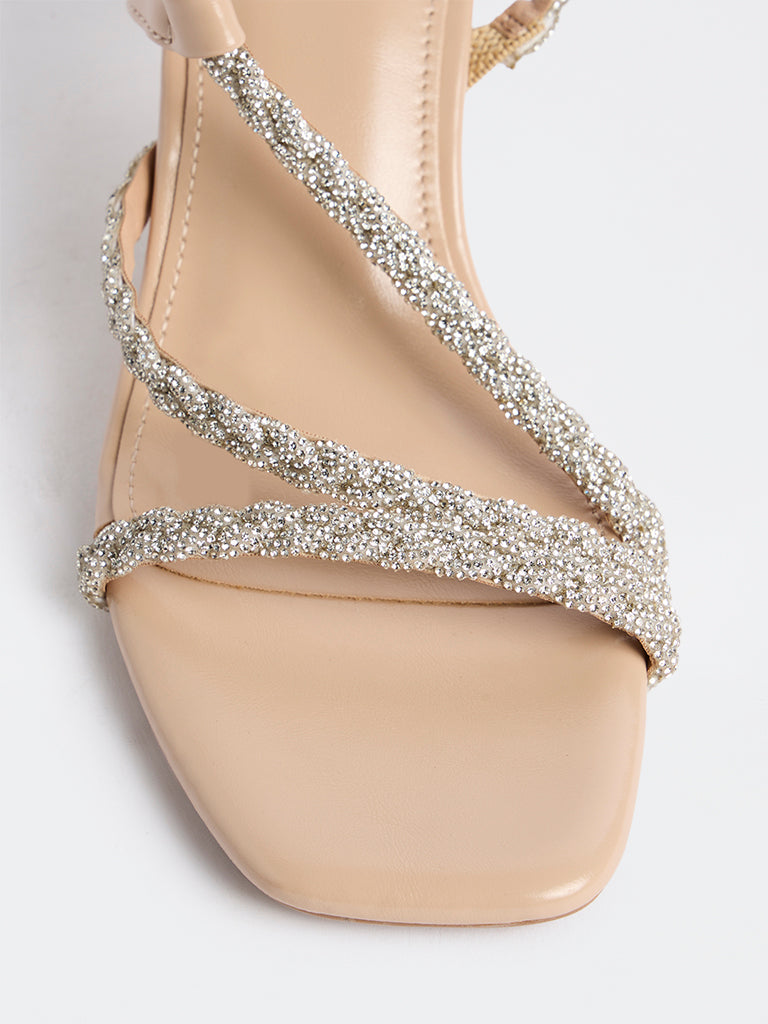 LUNA BLU Beige Rhinestone Embellished Kitten-Heel Sandals