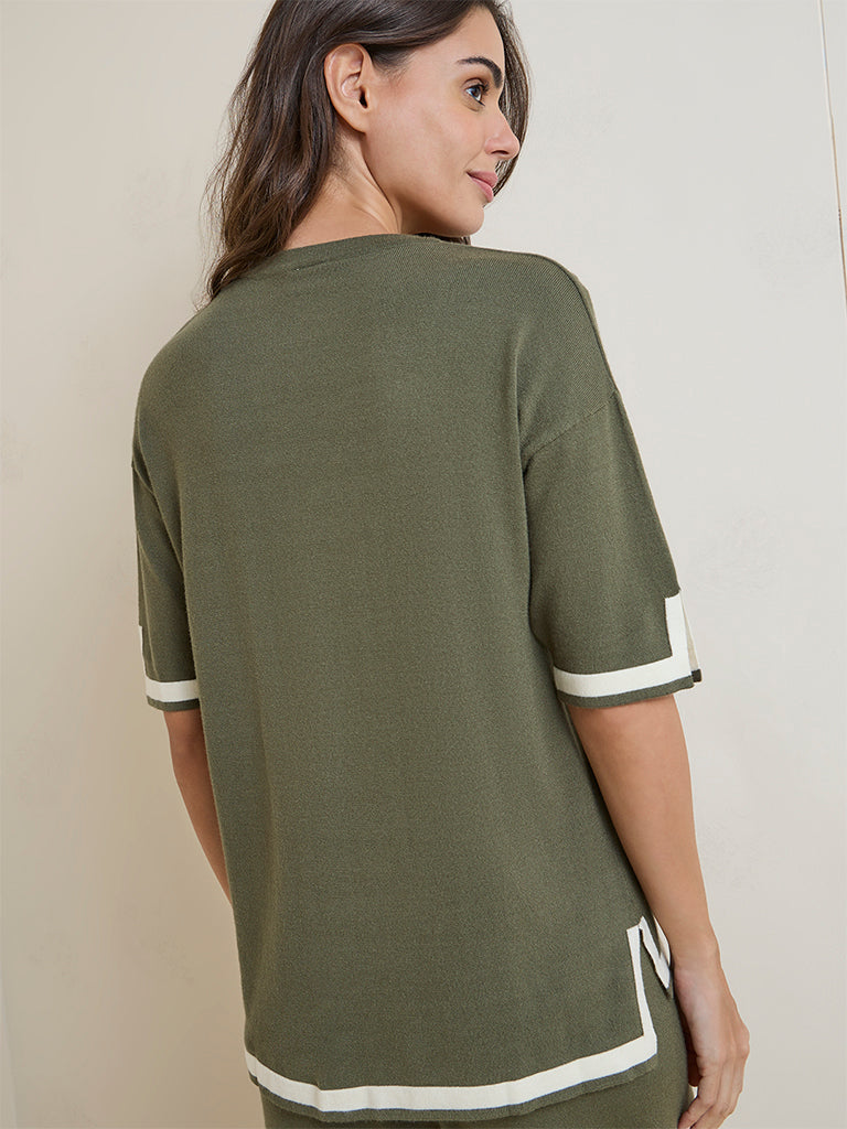 Wunderlove Olive Contrast Detailed Top