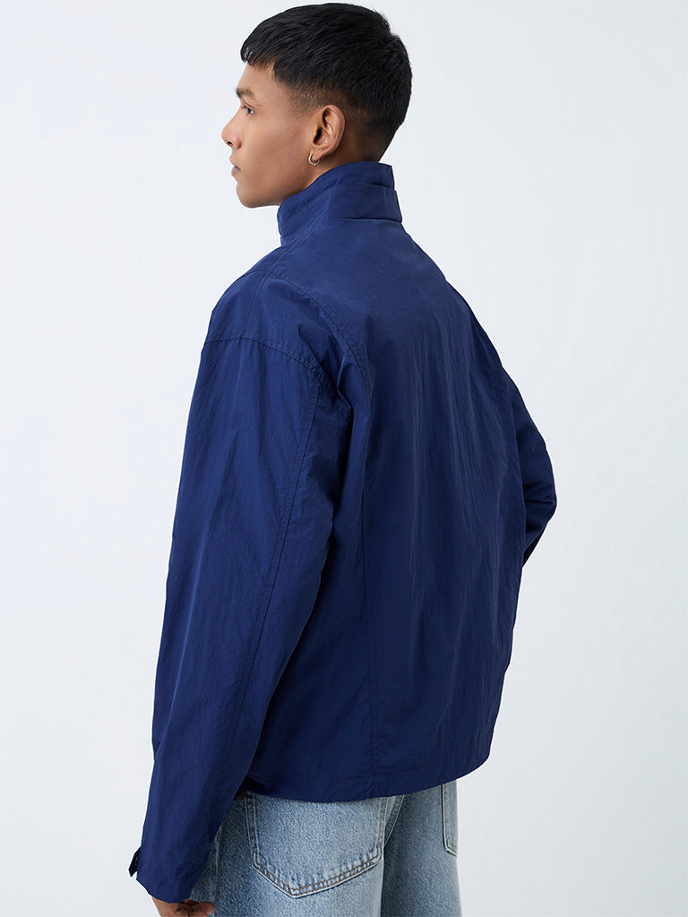 Nuon Dark Blue Crinkle-Textured Oversized Jacket