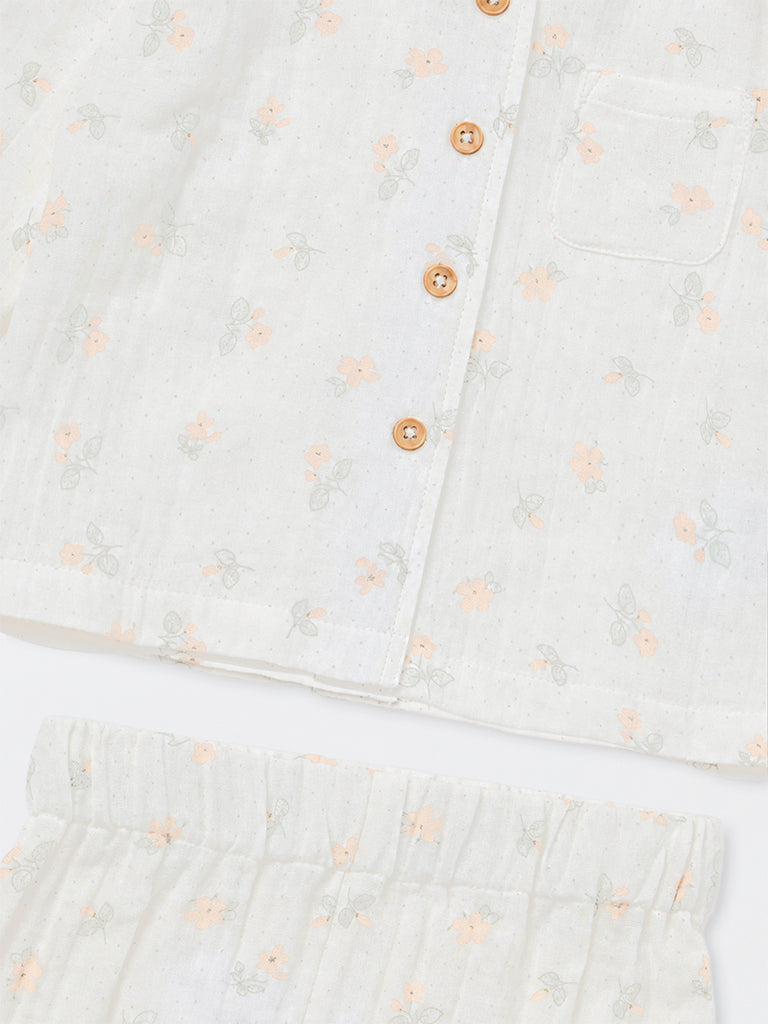 HOP Baby Boys White Floral Printed Cotton Shirt and Pants Set
