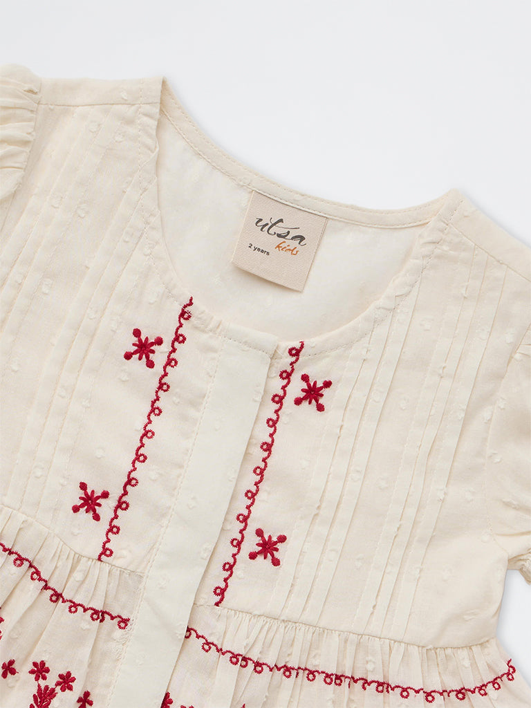 Utsa Kids Girls Off-White Embroidered Peplum Cotton Top - (2-8 yrs)