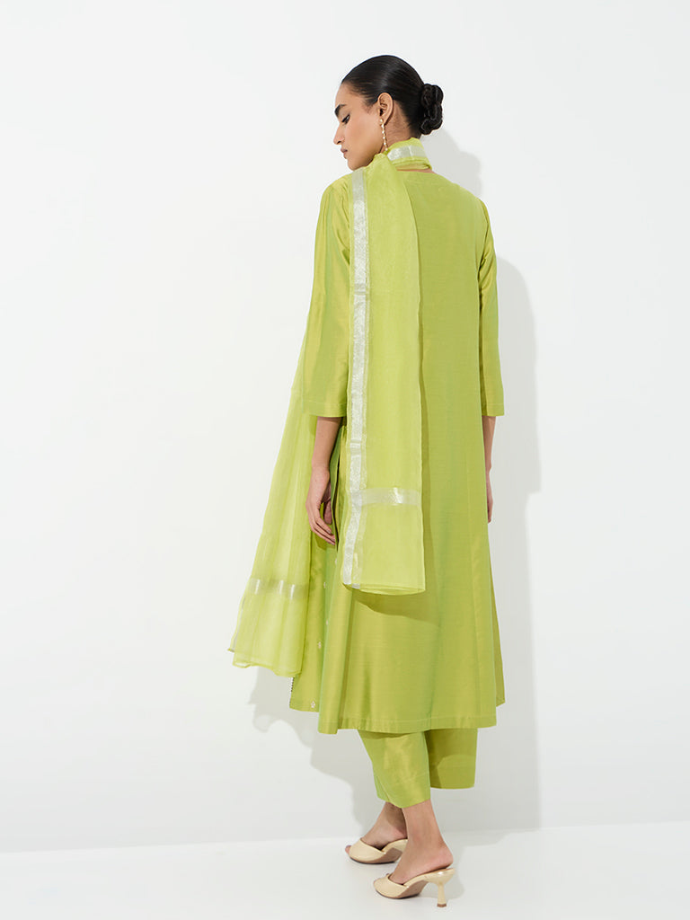 Vark Lime Mirror Embroidered A-Line Ethnic Set