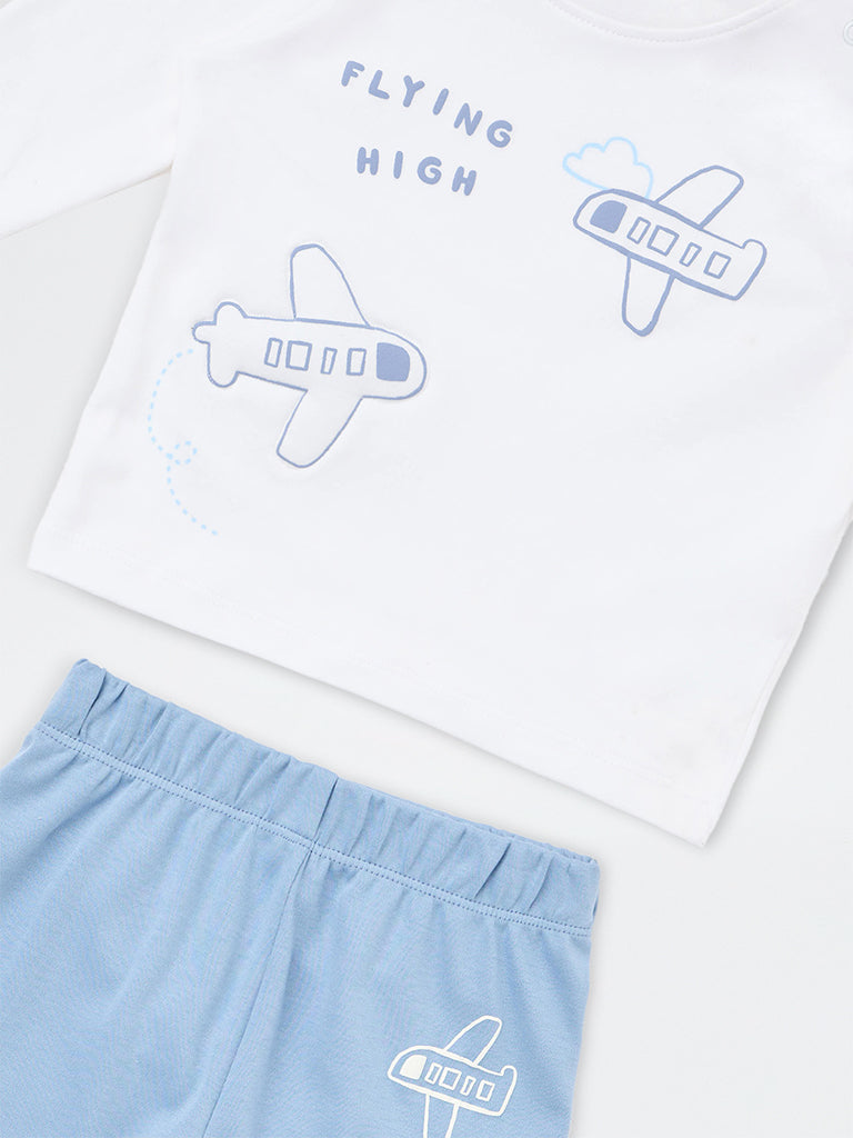 HOP Baby Boys Blue Printed Cotton T-Shirt with Pants Set