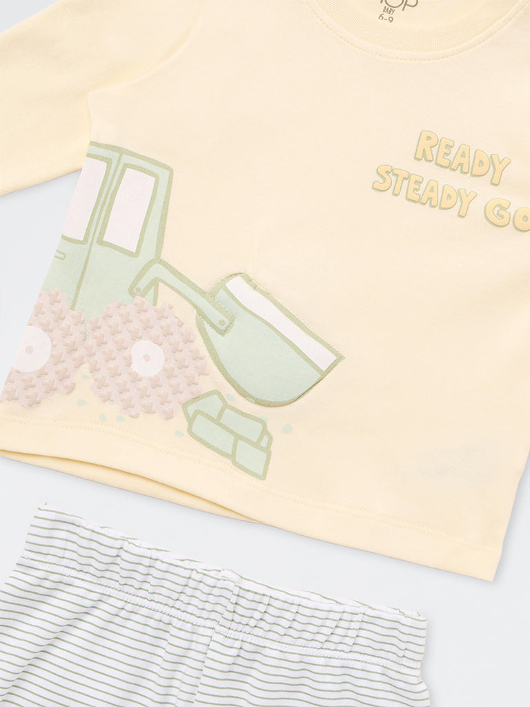 HOP Baby Boys Yellow Printed Cotton T-Shirt and Pants Set