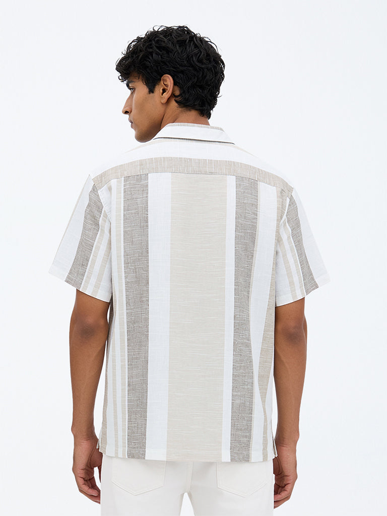WES Casuals Taupe Striped Relaxed-Fit Cotton-Blend Shirt