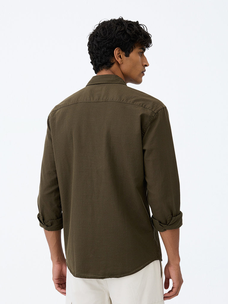 WES Casuals Dark Olive Solid Relaxed-Fit Cotton-Blend Shirt