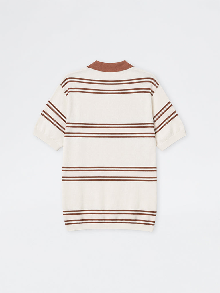 WES Casuals Off-White Striped Relaxed-Fit Cotton Polo T-Shirt