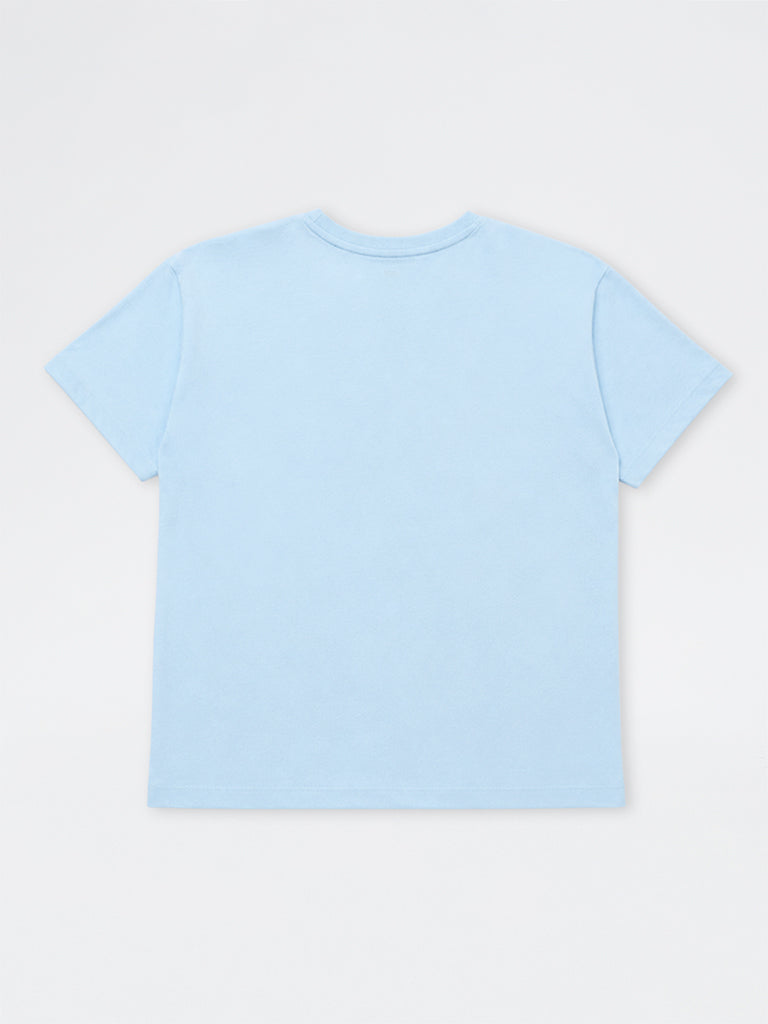Y&F Kids Girls Light Blue Text Design Cotton T-Shirt