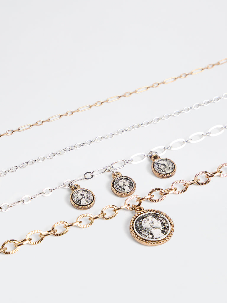 Westside Accessories Gold and Silver Vintage Coin Multi-Chain Bracelet - Pack of 4