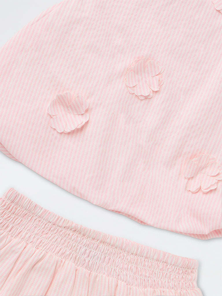 HOP Kids Girls Light Pink Striped Cotton-Blend Top and Skirt Set