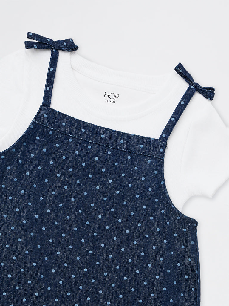 HOP Kids Girls Dark Blue Polka-Dot Printed Denim Pinafore and T-Shirt Set