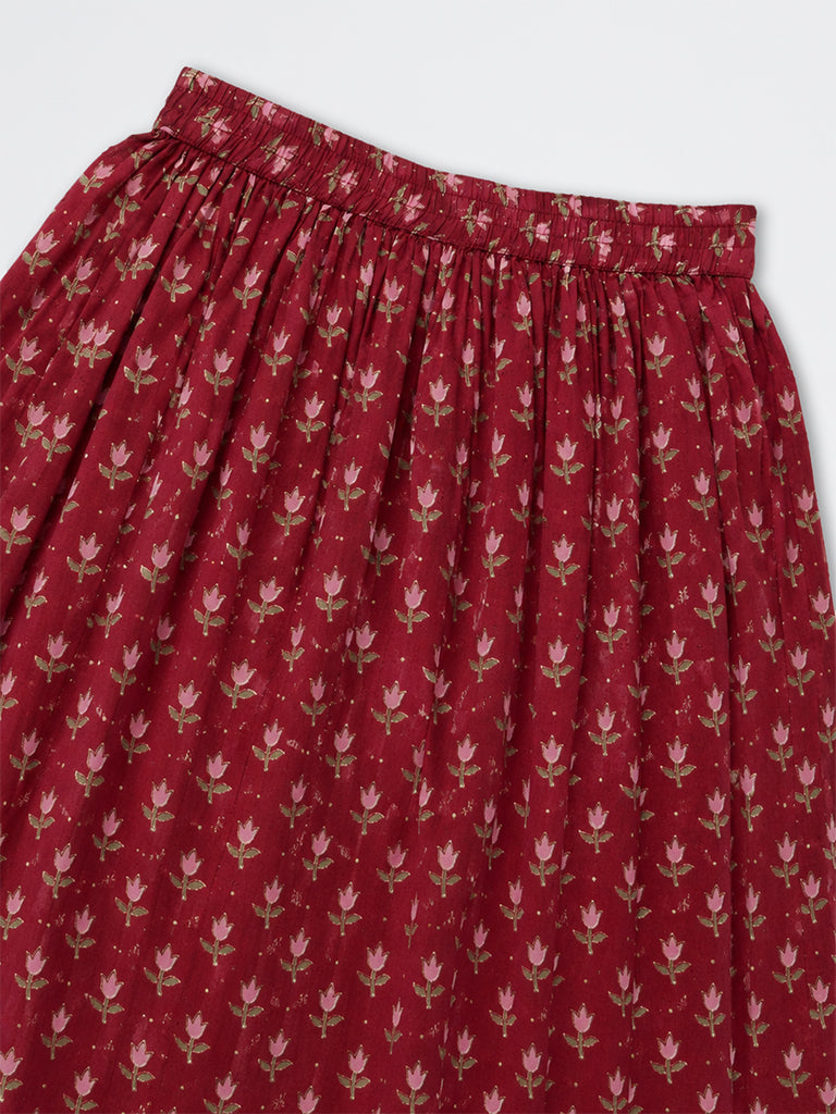 Utsa Kids Girls Red Floral Printed Cotton-Blend Skirt - (8-14 yrs)