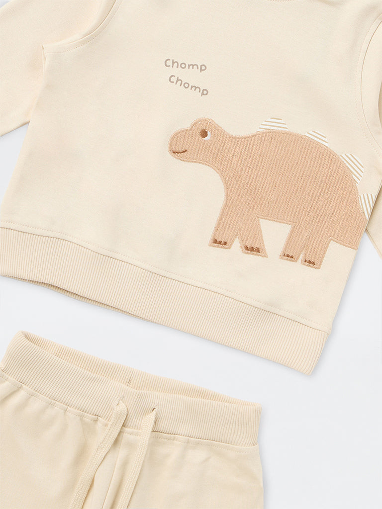 HOP Baby Boys Beige Dinosaur Design Cotton Sweatshirt with Joggers Set
