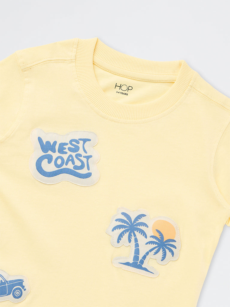 HOP Kids Boys Light Yellow Patch-Detail Cotton T-Shirt