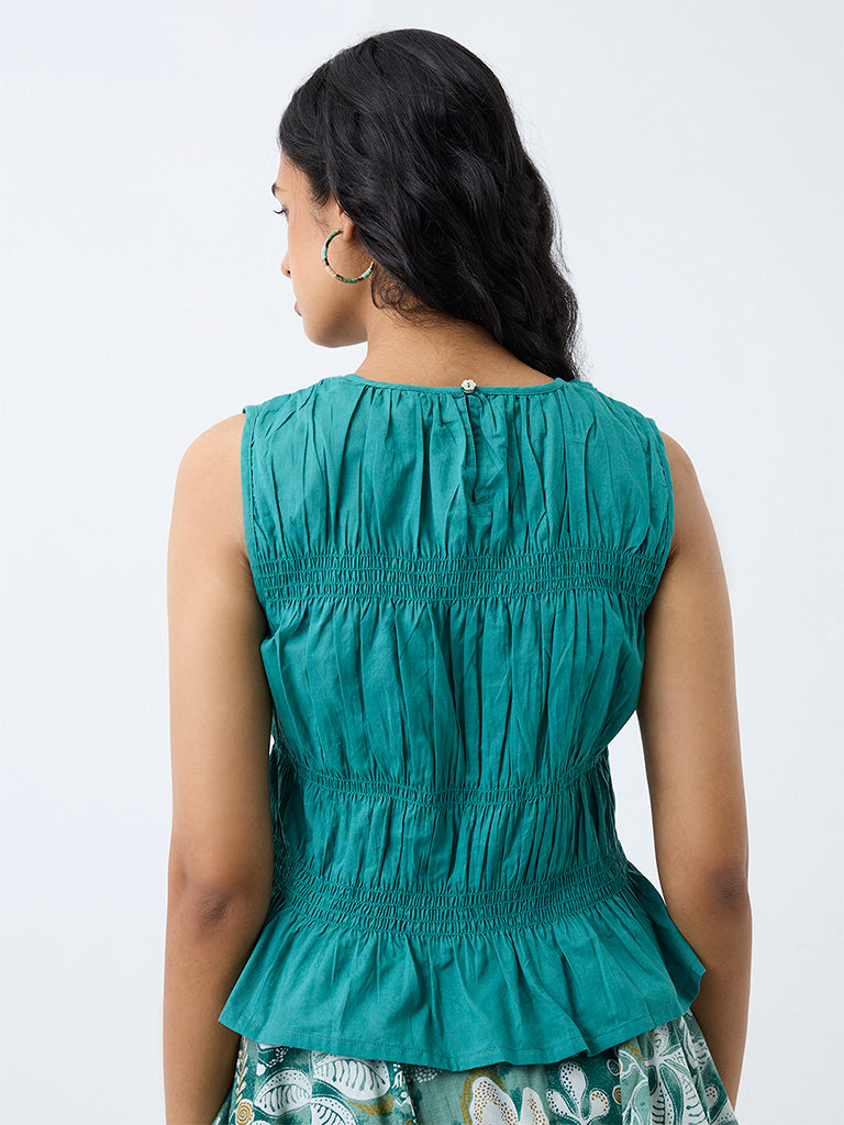 Bombay Paisley Teal Smocked Cotton Top