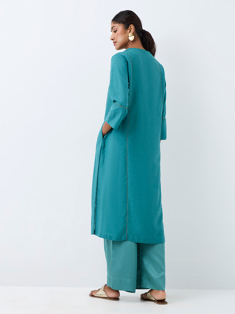 Zuba Teal Sequin-Detail A-Line Kurta