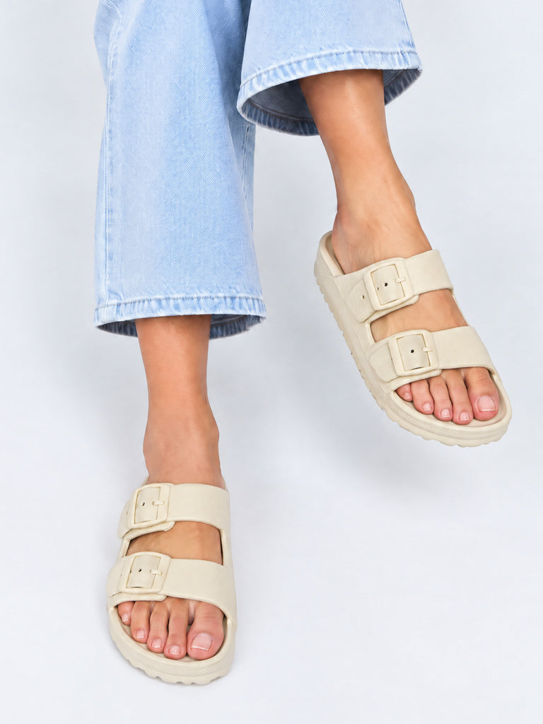 LUNA BLU Ivory Dual-Buckled Slip-On Slides