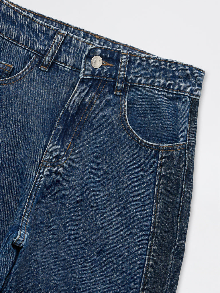 Boys Dark Blue Contrast-Panel Mid-Rise Relaxed-Fit Jeans