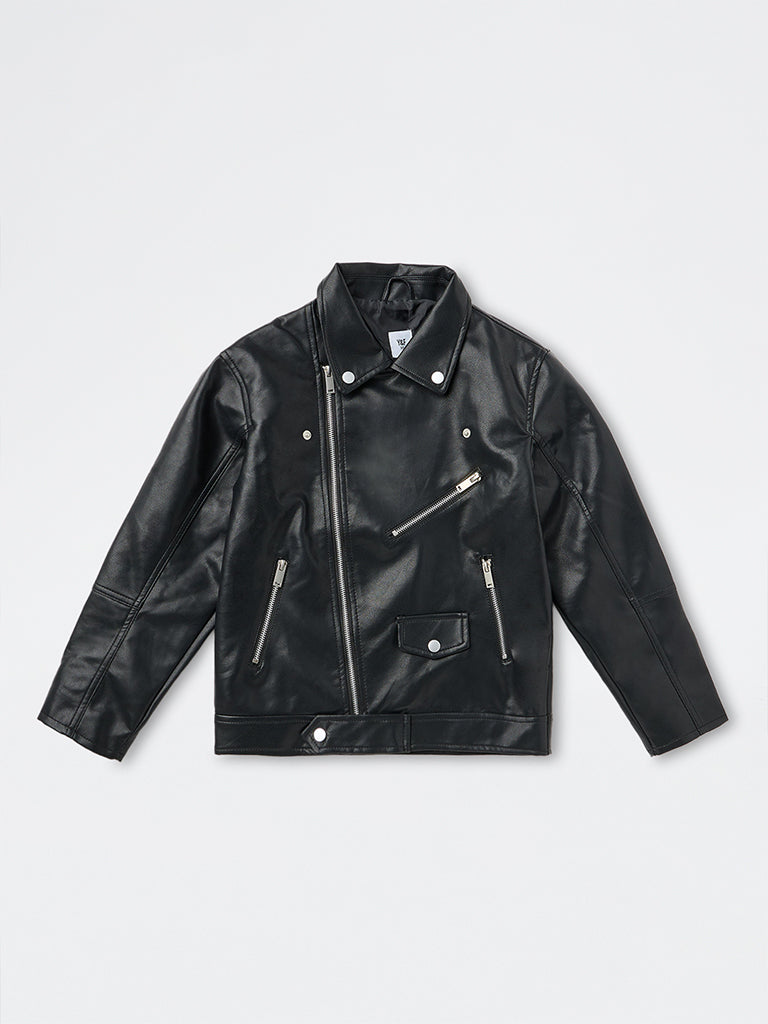 Boys Black Zipper-Detail Faux Leather Jacket
